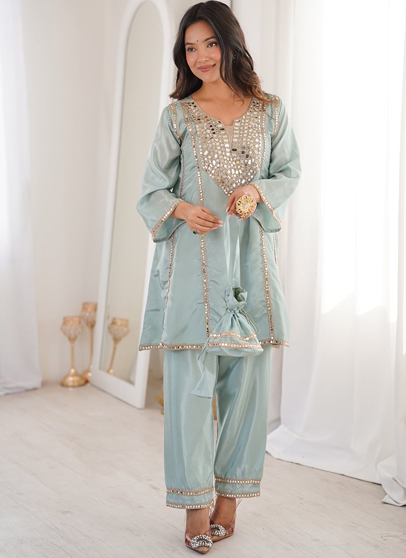 Radiant Sky Blue Silk Embroidered Mirror Work Kurta Straight Pant Set Festive Wear