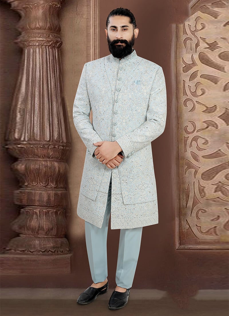 Radiant Sky Blue Viscose Sequins Embroidered Thread Indowestern Sherwani Wedding Wear