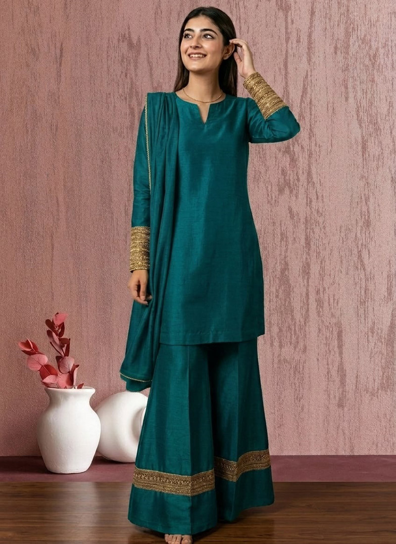Radiant Teal Art Silk Palazzo Suit After Six Wear