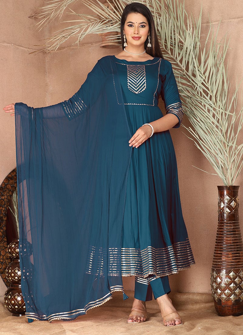 Radiant Teal Blue Rayon Anarkali Suit With Dupatta In Gota Work After Six Wear