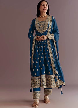 Radiant Teal Chinon Embroidered Sequins Anarkali Suit