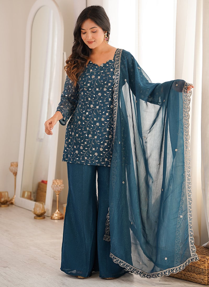 Radiant Teal Crunchy Silk Embroidery Sequence And Zari Work Palazzo Suit After Six Wear