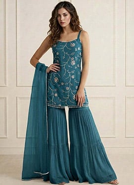 Radiant Teal Faux Georgette Embroidered Sharara Suit