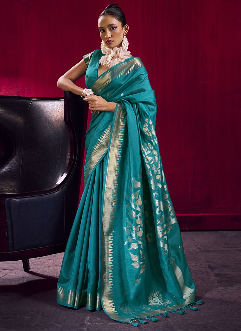 Radiant Teal Satin Linen Silk Handloom Zari Weaving Saree Festive Wear
