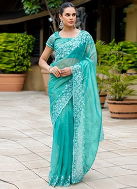 Radiant Turquoise Gold Infused Twill Embroidered Sequins Zari Saree