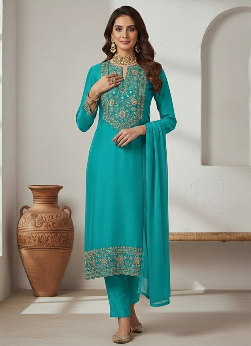 Radiant Turquoise Silk Zari Sequins Straight Pant Suit Festive Wear