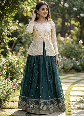 Radiant White And Green Fandy Silk Pipe And Zari Embroidered Indowestern Set And Suit