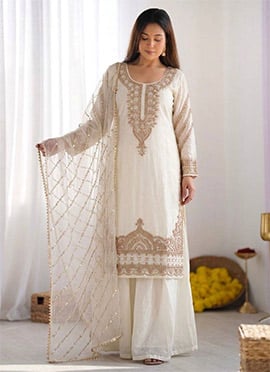 Radiant White Fandy Silk Embroidery Beads Work Palazzo Suit