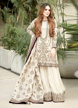Radiant White Faux Georgette Embroidered Sequins Moti Palazzo Suit