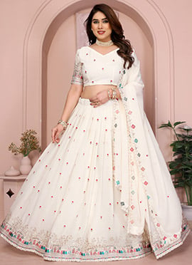 Radiant White Georgette Embroidered Umbrella Lehenga