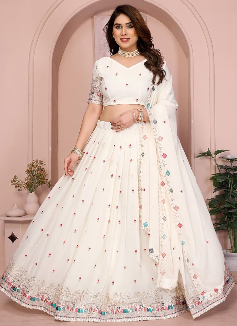 Radiant White Georgette Embroidered Umbrella Lehenga Festive Wear
