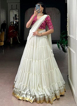 Radiant White Georgette Gota Sequins Umbrella Lehenga