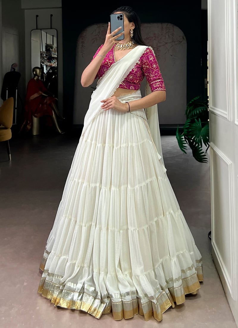 Radiant White Georgette Gota Sequins Umbrella Lehenga Wedding Wear