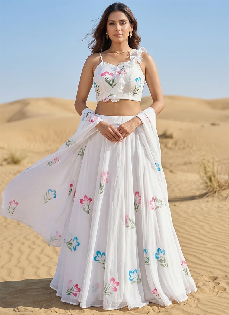 Radiant White Georgette Hand Painted Floral Print Umbrella Lehenga After Six Wear