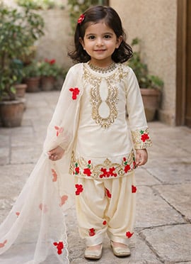 Radiant White Heavy Natural Crepe Embroidery Sequence Work Kids Girls Salwar Suit