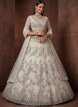 Radiant White Net Fancy Zari Dori Sequence Embroidery Work Umbrella Lehenga