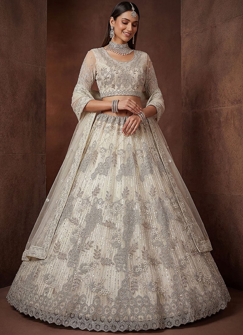 Radiant White Net Fancy Zari Dori Sequence Embroidery Work Umbrella Lehenga Wedding Wear