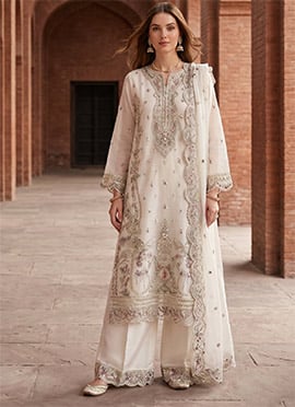 Radiant White Organza Silk Embroidered Sequins Stones Zari Palazzo Suit