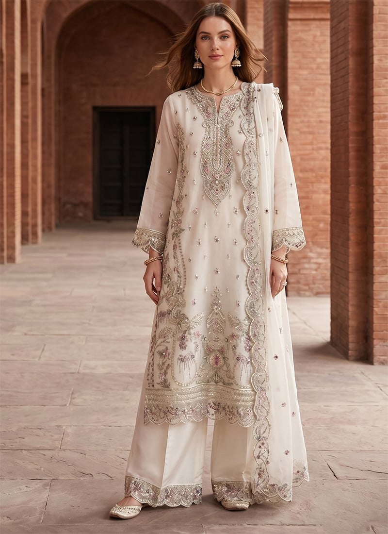 Radiant White Organza Silk Embroidered Sequins Stones Zari Palazzo Suit After Six Wear