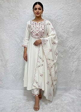Radiant White Viscose Silk Embroidered Mirror Work Straight Pant Suit