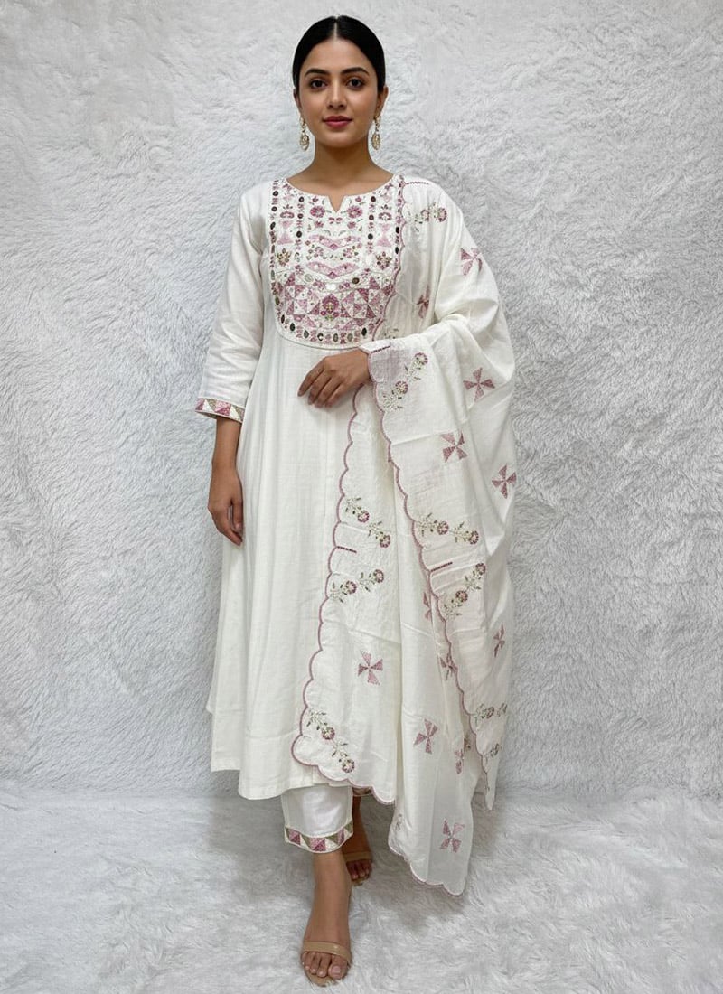 Radiant White Viscose Silk Embroidered Mirror Work Straight Pant Suit Festive Wear