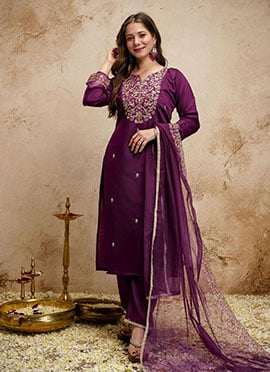 Radiant Wine Chanderi Embroidered Straight Pant Suit