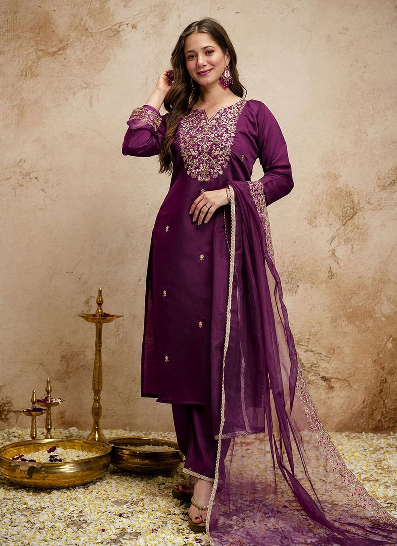 Radiant Wine Chanderi Embroidered Straight Pant Suit After Six Wear