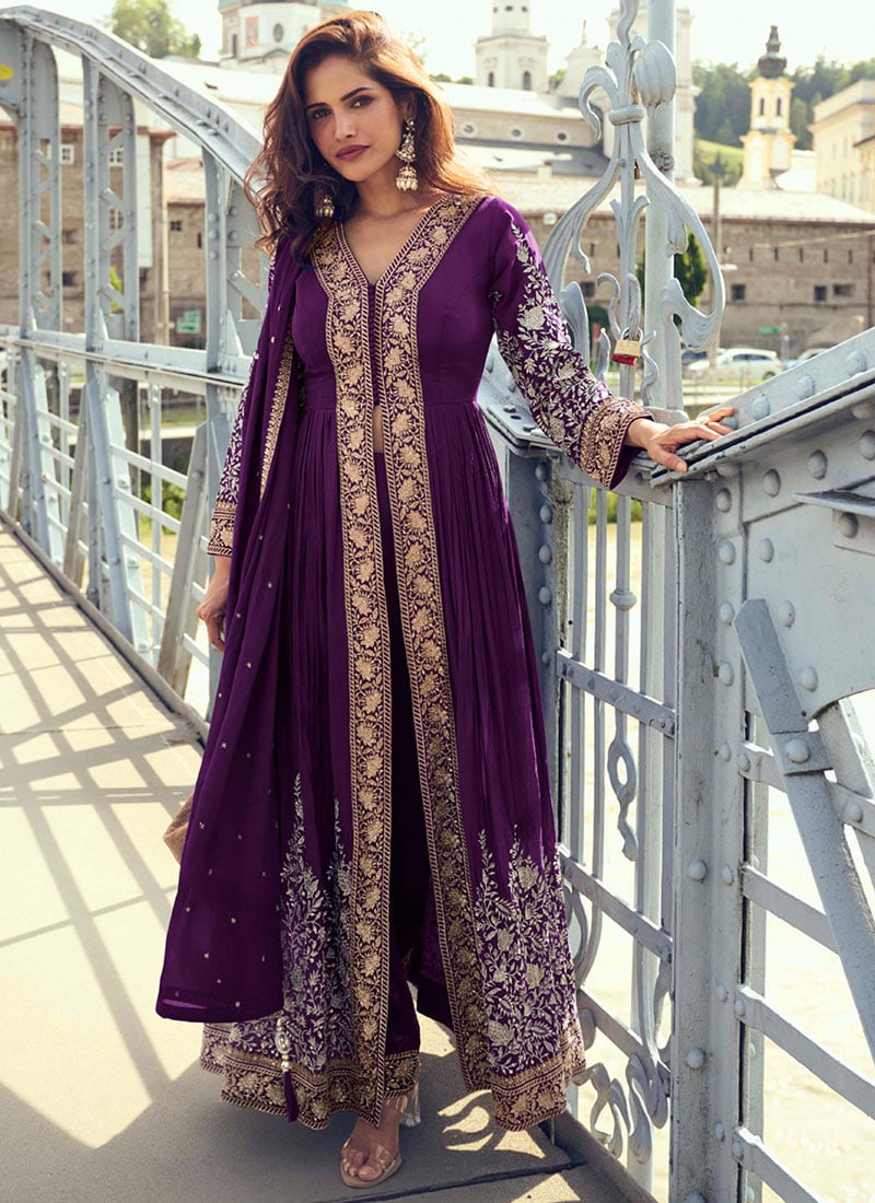 Radiant Wine Chinon Embroidered Sequins Anarkali Suit Festive Wear