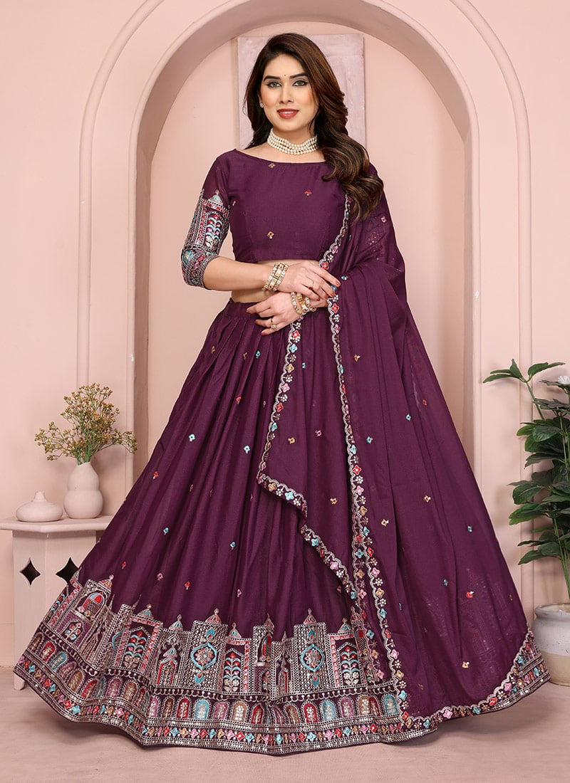 Radiant Wine Georgette Embroidery Umbrella Lehenga Festive Wear