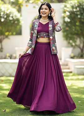 Radiant Wine Georgette Foil Print Indowestern Set and Suit