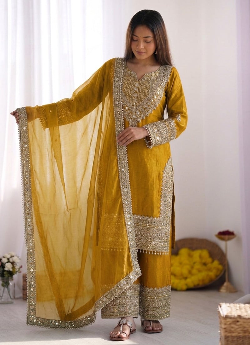 Radiant Yellow Art Silk Embroidered Sequins Palazzo Suit with Fancy Silk Lace Border After Six Wear