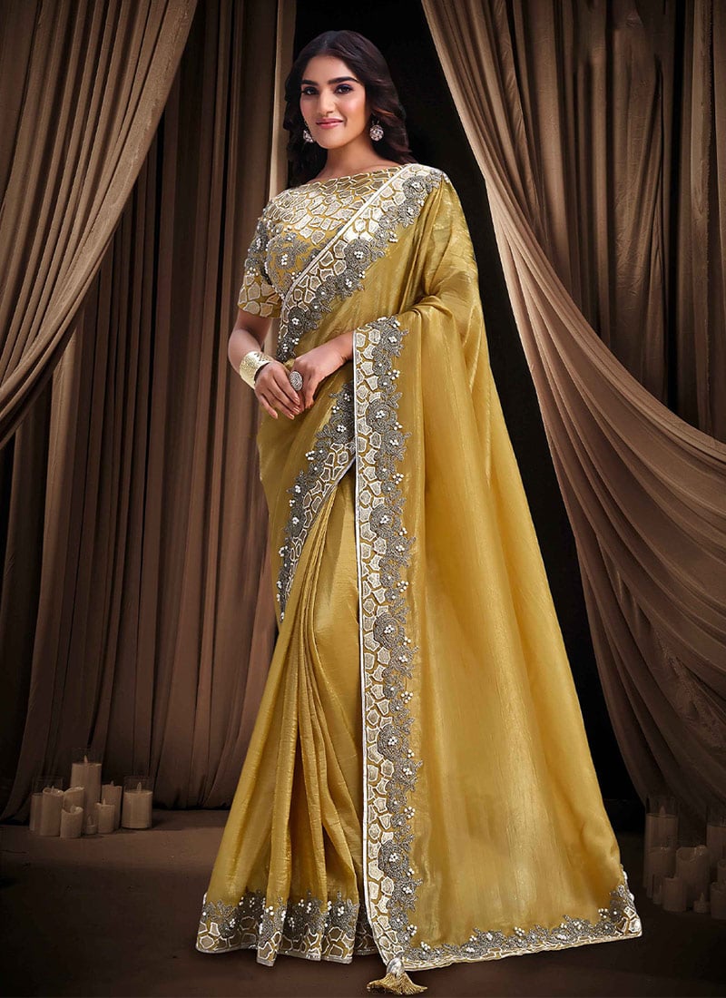Radiant Yellow Banarasi Crush Silk Sequins Beads Hand Embroidered Stones Saree Wedding Wear