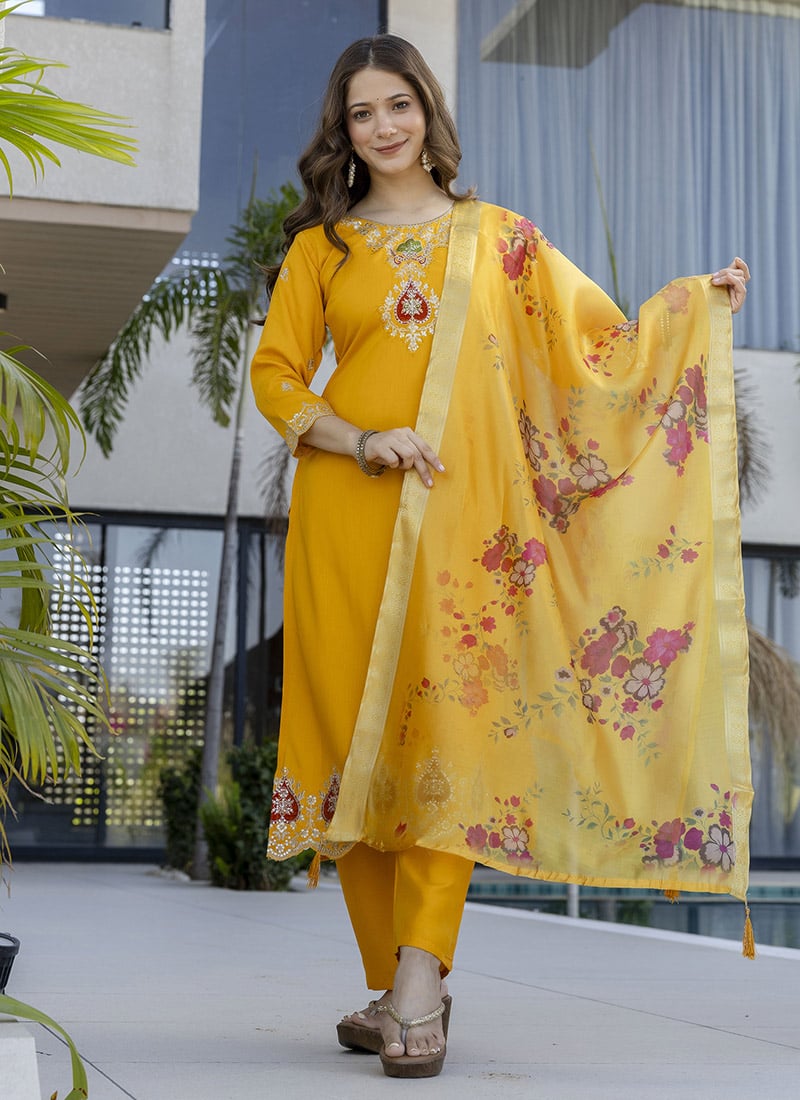 Radiant Yellow Chanderi Embroidered Straight Pant Suit After Six Wear