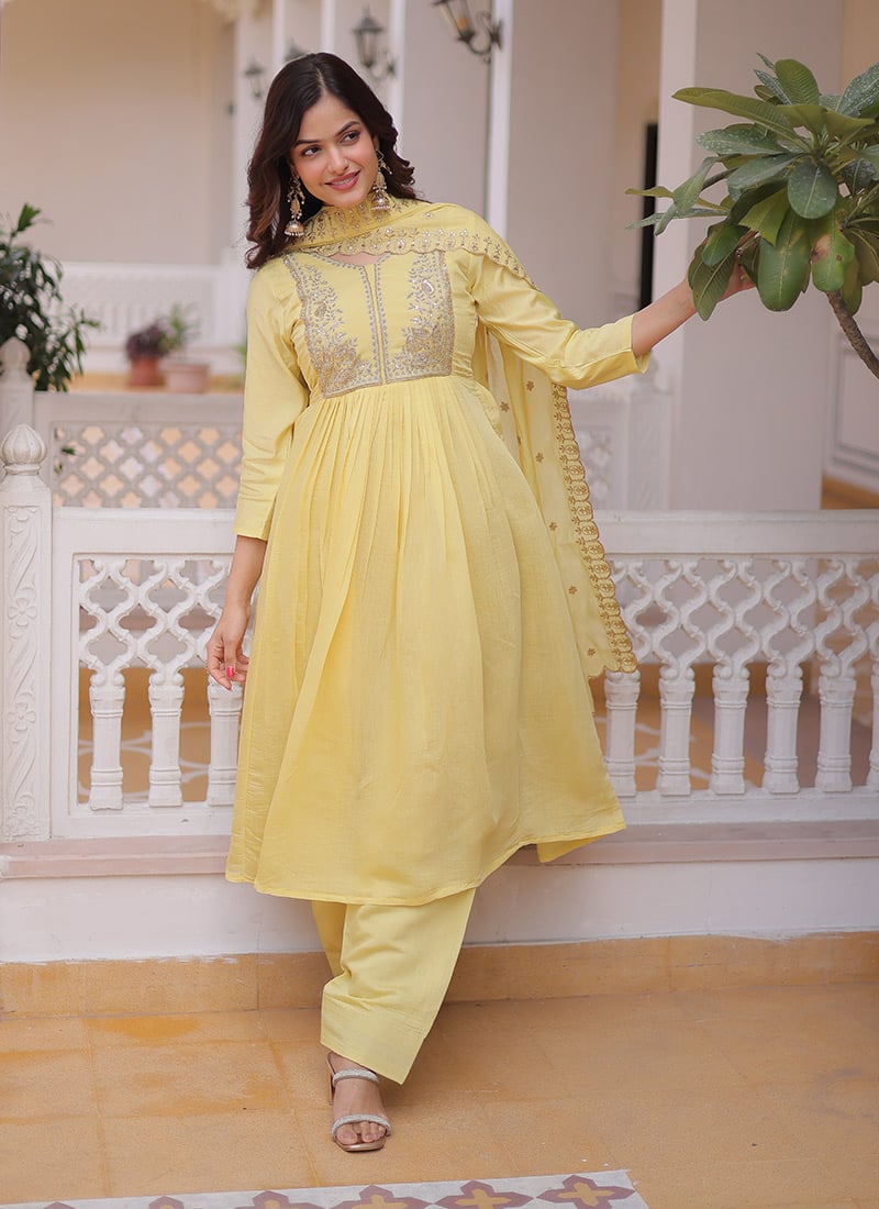 Radiant Yellow Chanderi Silk Sequins Beads Embroidered Straight Pant Suit Festive Wear