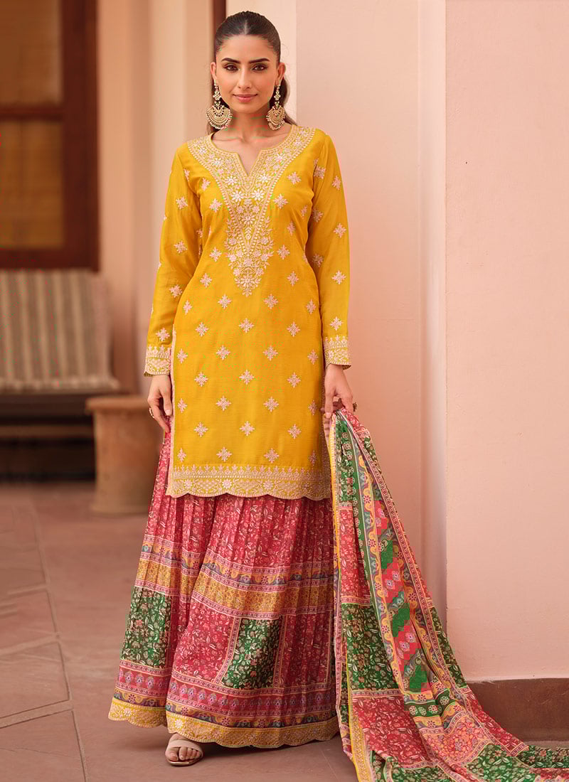 Radiant Yellow Chinon Silk Zari Sequins Embroidered Palazzo Suit Festive Wear