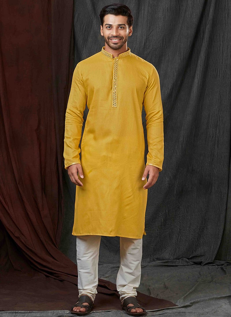 Radiant Yellow Cotton Sequins Kurta Pyjama