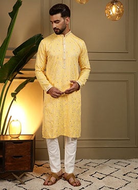 Radiant Yellow Cotton Silk Embroidered Sequins Kurta Pyjama