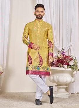Radiant Yellow Dola Silk Patola Foil Print Kurta Pyjama