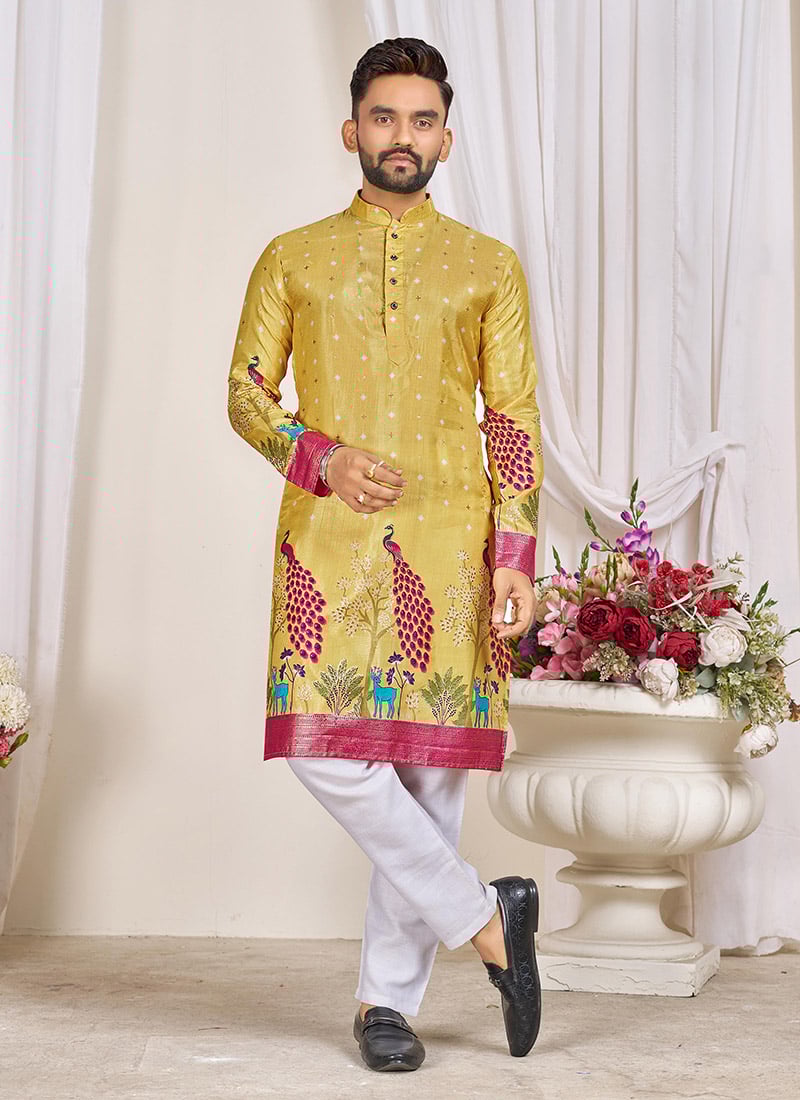 Radiant Yellow Dola Silk Patola Foil Print Kurta Pyjama Festive Wear