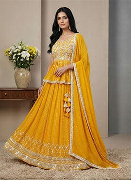 Radiant Yellow Faux Georgette Sequins Thread A Line Lehenga
