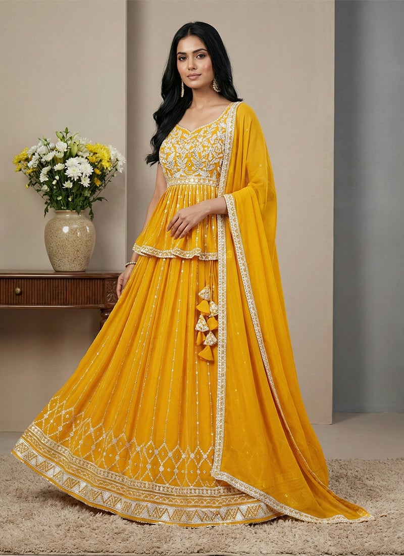 Radiant Yellow Faux Georgette Sequins Thread A Line Lehenga Festive Wear