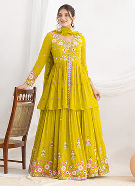 Radiant Yellow Georgette Embroidered Beads Resham Sequins Umbrella Lehenga