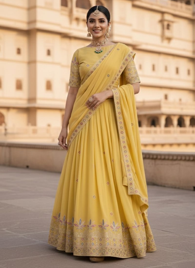 Radiant Yellow Georgette Embroidered Thread A Line Lehenga Wedding Wear