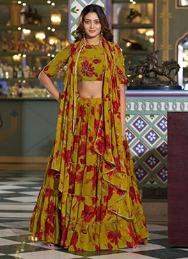 Radiant Yellow Georgette Floral Printed Umbrella Lehenga