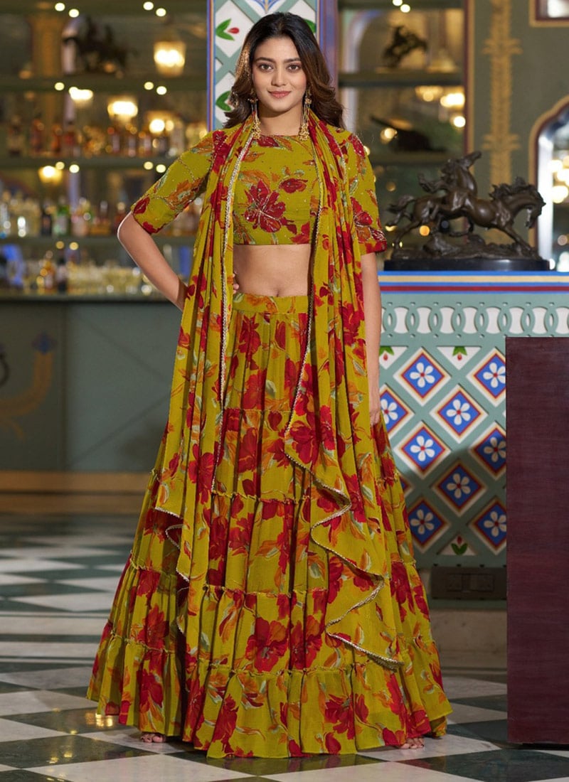 Radiant Yellow Georgette Floral Printed Umbrella Lehenga After Six Wear