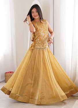 Radiant Yellow Gold Crush Embroidered Sequins Moti Zari Indowestern Suit Set