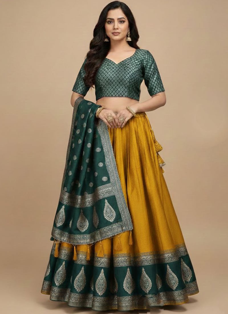 Radiant Yellow Kanchipuram Silk Zari Jacquard Umbrella Lehenga Wedding Wear