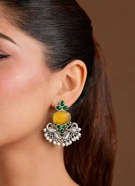 Radiant Yellow Kundan Beads Oxidised Danglers