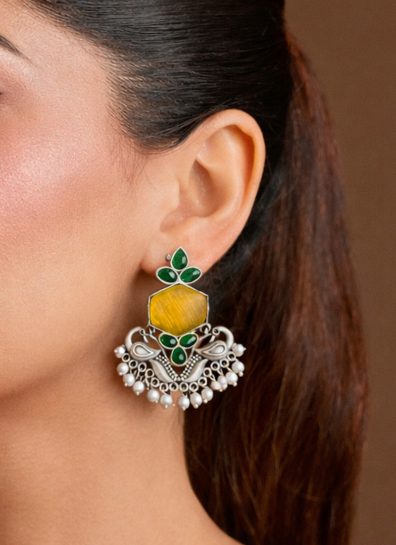 Radiant Yellow Kundan Beads Oxidised Danglers Festive Wear