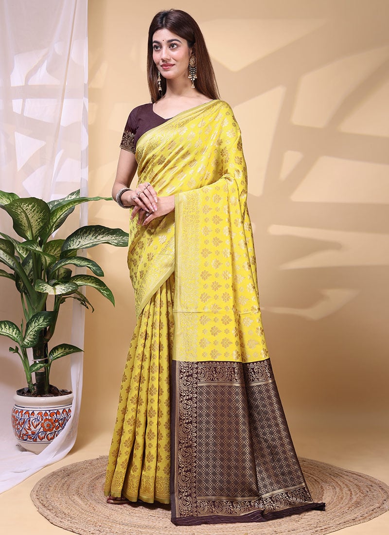 Radiant Yellow Lichi Silk Jacquard Saree Festive Wear